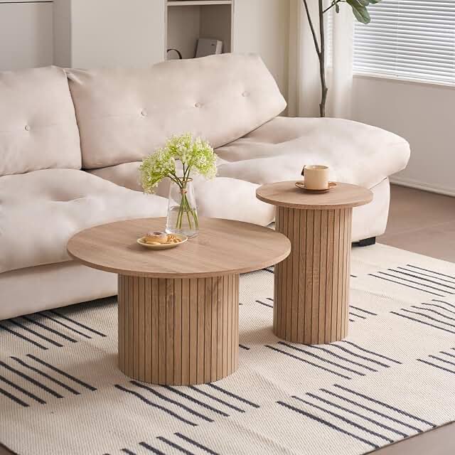 Round coffee table set up two natural color