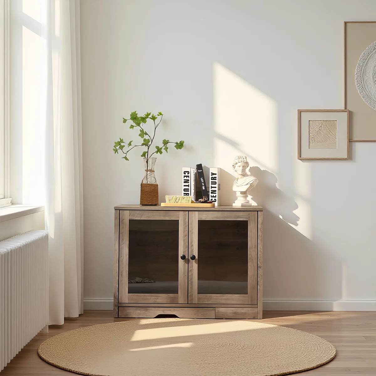 Cat Litter Box Enclosure with Convenient Litter Collector, Cat Cabinet with Cat-Viewing Glass Doors, Wooden Cozy Cat House