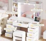Makeup Vanity Desk with Lights White Vanity Desk with Mirror and Lights 3 Colors, 9 Drawers, 6 Storage Shelves, 5 Hooks Dressing Table with Stool Power Outlet for Bedroom Girls Women UBDT87W