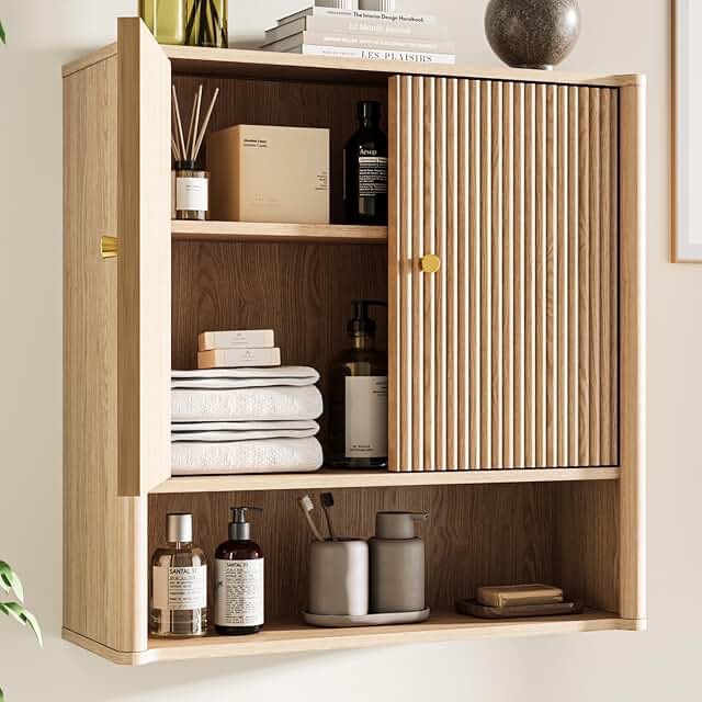 Bathroom wall cabinet medicine cabinet with adjustable wood shelf and doors