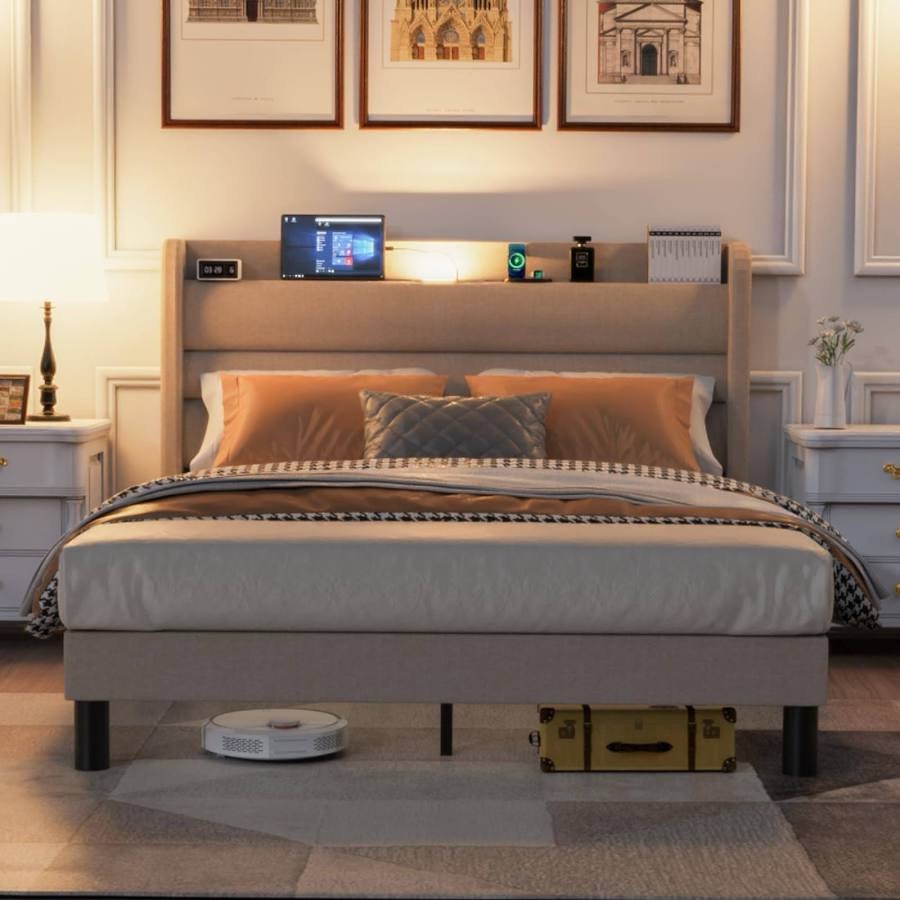 Flolinda King Size Bed Frame with Charging Station, Type-C & USB Ports and LED Light, Linen Upholstered King Size Bed Frame Led, incomplete 