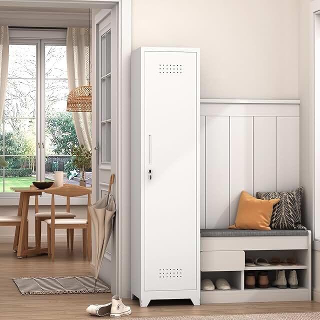 Broom closet, storage cabinet, slim metal, single door, white, and gray