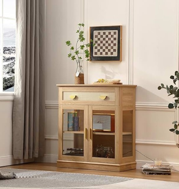 Small buffet cabinet with glass doors and drawer, natural wood