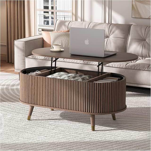 oval lift top coffee table with storage mid-century modern walnut center table with loaded design