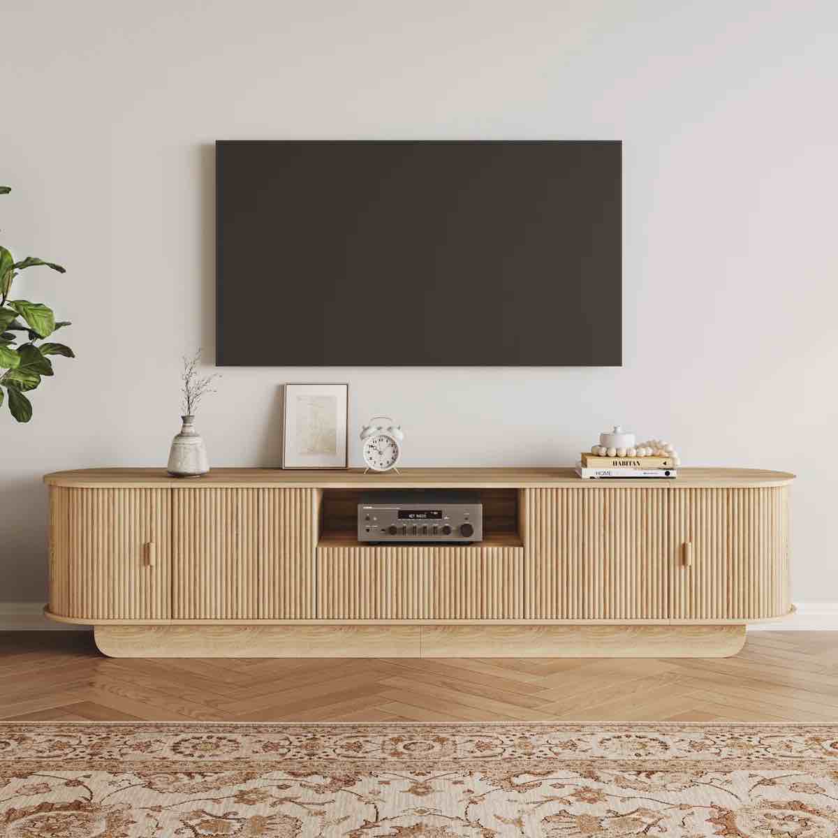 86.6" curved tv stand for 85 inch tv, entertainment center with storage, fluted media console with sliding doors, mid century modern tv consoles for living room, bedroom