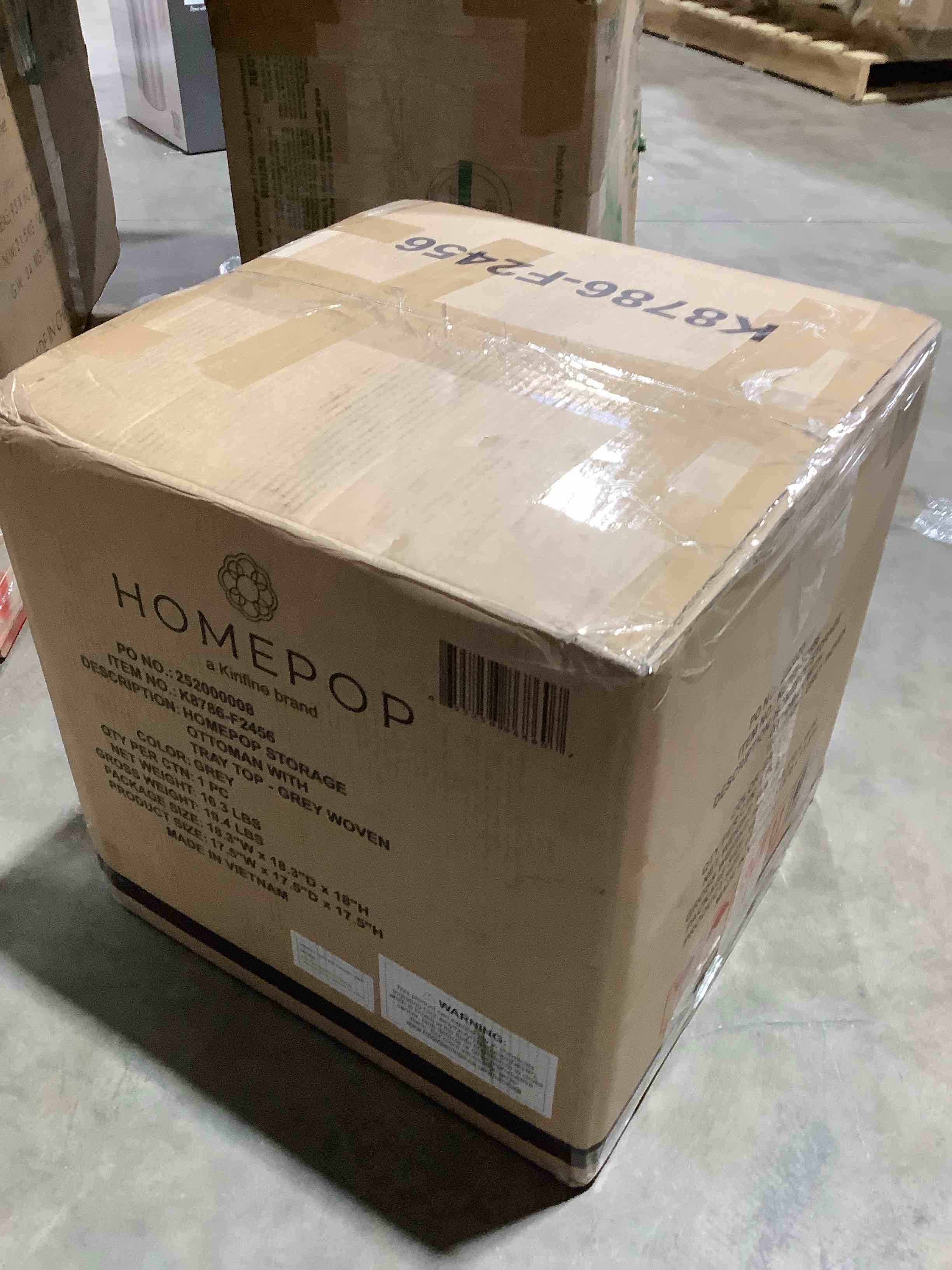 Condition photo showing New/Like New for Homepop Home Decor |HomePop Storage Ottoman with Tray Top|Upholstered Modern Square Storage Ottoman with Storage for Living Room & Bedroom, Grey Woven