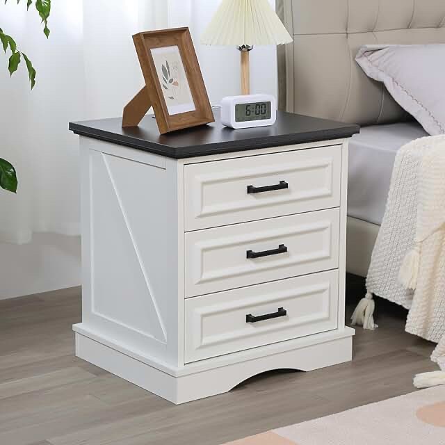 farmhouse nightstand with charging station, solid wood end table , white