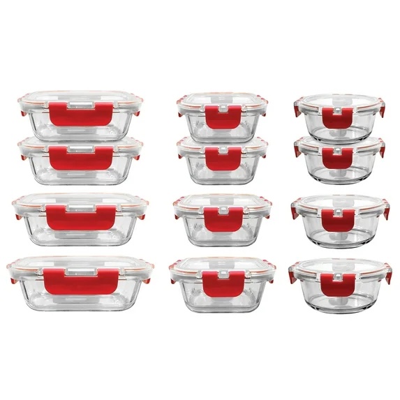 NutriChef 24-Piece Glass Food Storage Set with Locking Hinge Red Lids - Superior Quality