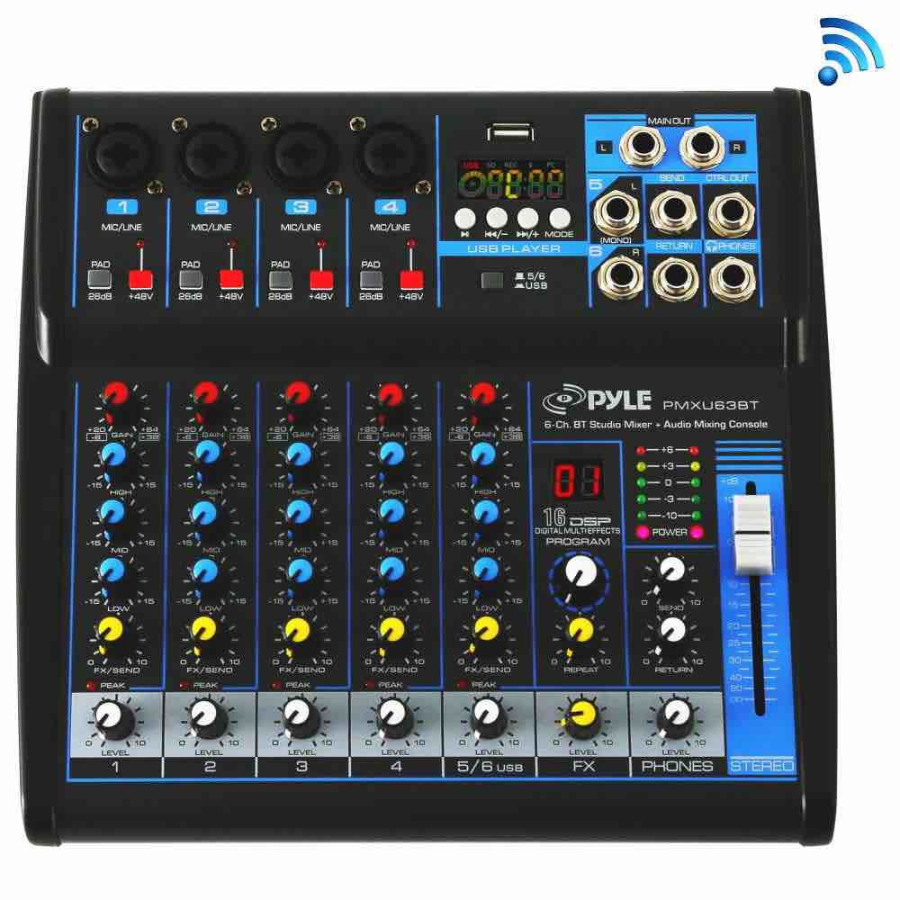 Pyle PMXU63BT - 6-Ch. Bluetooth Studio Mixer - DJ Controller Audio Mixing Console System