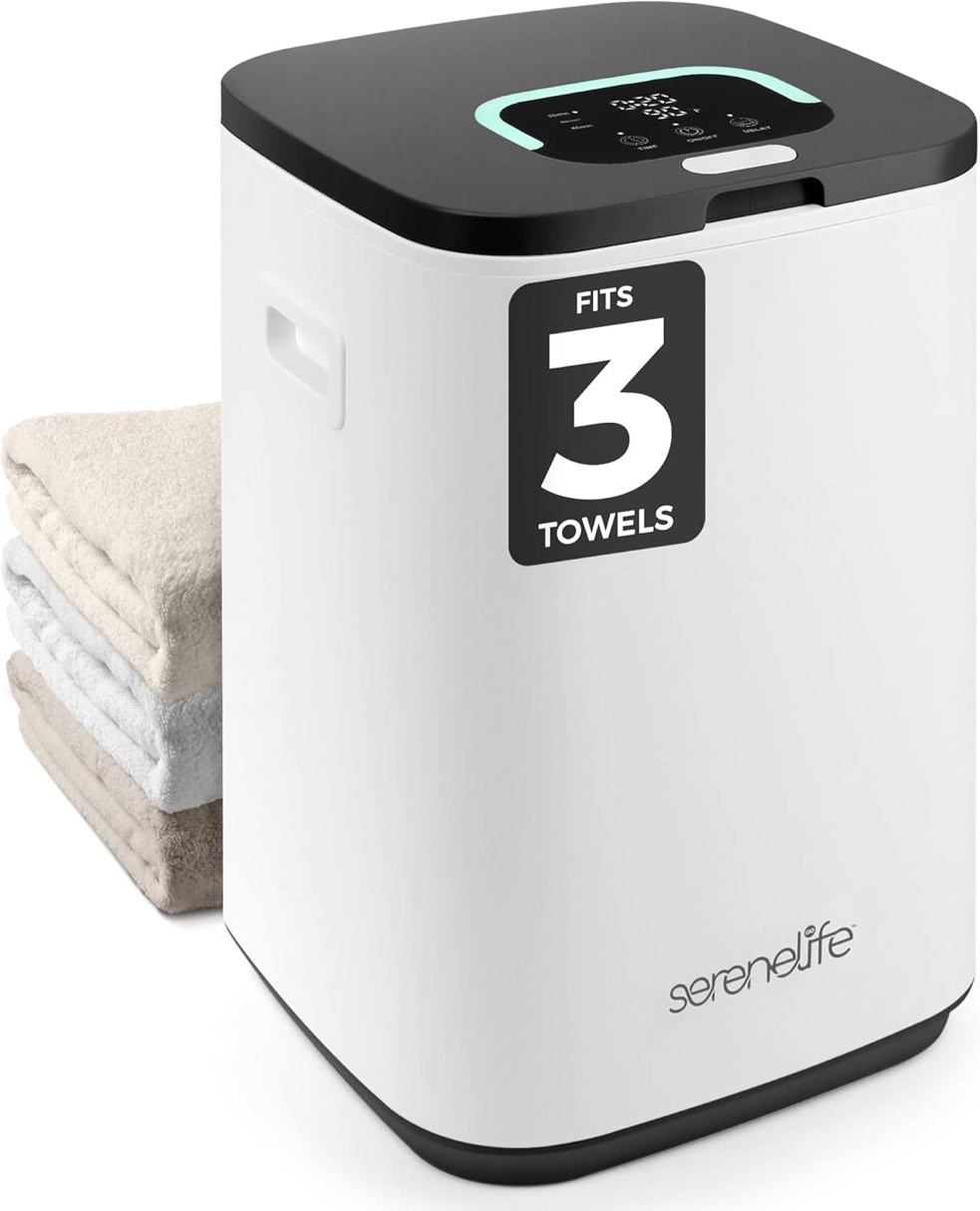 SereneLife Towel Warmer Bucket - Compact 23L Bathroom Towel Heater with Essential Oils Disc Holder, Adjustable Timer, Auto Shut-Off, Power Cord Storage &