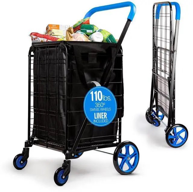 SereneLife Foldable Shopping Cart with Cart Liner, 360° Rolling Swivel Wheels, 110 lbs. Weight Capacity - SLSPCART50