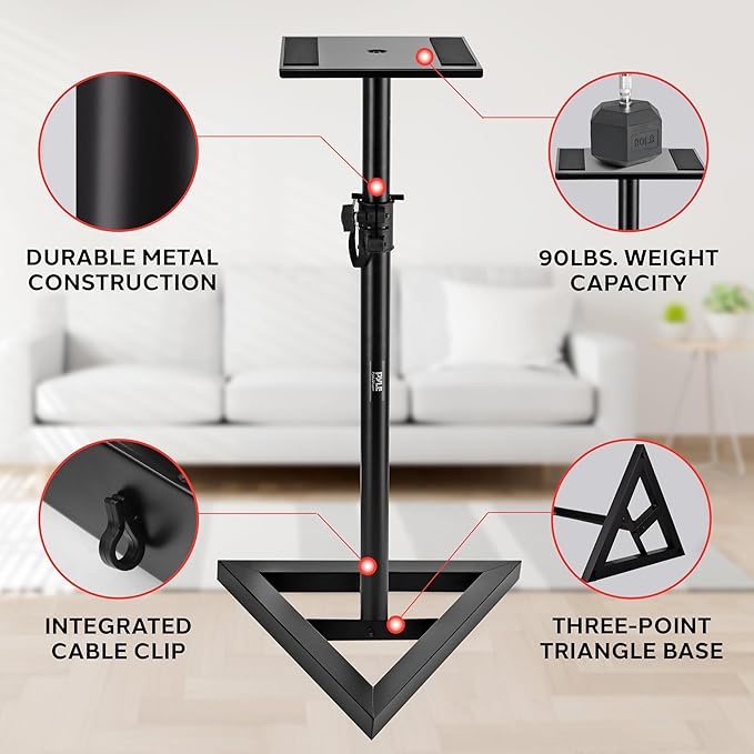 Pyle Speaker Stand Pair of Sound Play 1 and 3 Holder - Telescoping Height Adjustable from 26” - 52” Inch High Heavy Duty Three-point Triangle Base w/ Floor Spikes and 9” Square Platform, Black