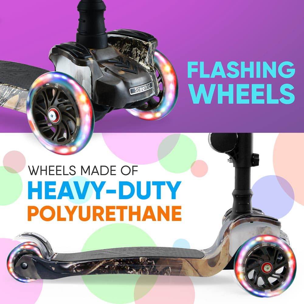 Hurtle 3 Wheeled Scooter for Kids - 2-in-1 Sit/Stand Child Toddlers Toy Kick Scooters w/ Flip-out Seat, Adjustable Height, Wide Deck, Flashing Wheel Lights, For Boys/Girls 1 Year Old+