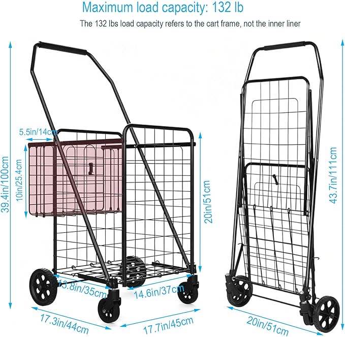 Shopping Cart with Wheels and Waterpoof Shopping Cart Liner - Robust Heavy Duty Shopping Carts with Wheels Supports up to 110 lbs - Portable Shopping Cart - 18.97" x 22.67" x 41.06"