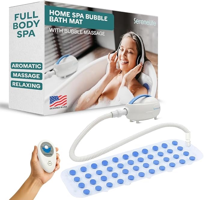 SereneLife Electric Bubble Massage Mat - Waterproof Massaging Spa, Full Body Bubbling Bath Thermal Massager Machine - Maintains Heat Motorized Air Pump, Aroma Clip for Essential Oil - Blue