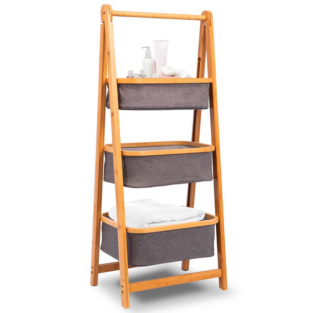 3 Tier Bamboo Laundry Shelf - Space-Saving Foldable Organizer with Baskets