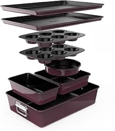 NutriChef 8-Piece Nonstick Stackable Bakeware Set - PFOA, PFOS, PTFE Free Baking Pan Set w/Non-Stick Coating, 450°F Oven Safe, Round Cake, Loaf, Muffin, Wide/Square Pans, Cookie Sheet (Plum)