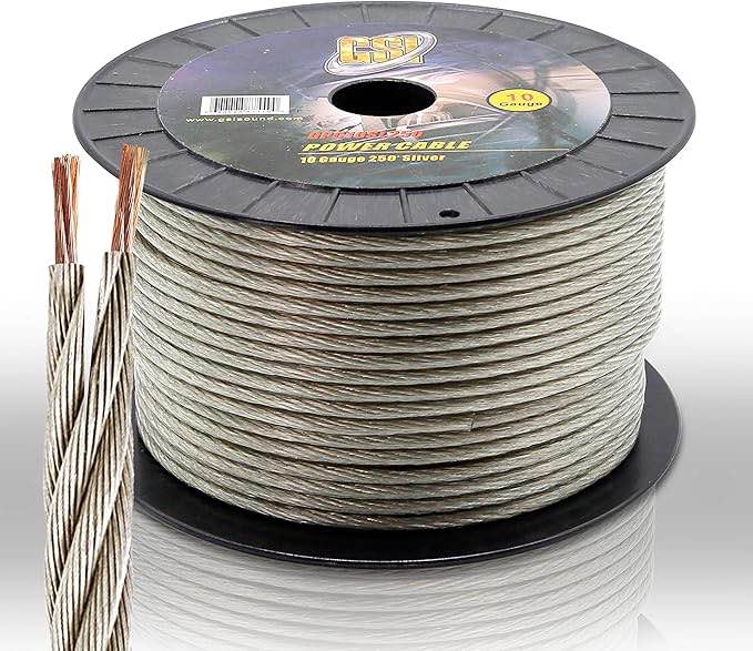 Sound Around 10 Gauge Power Ground Cables-250 ft,10mm² Silver-Tinned Oxygen Free Copper Cable,Multi-Strand Construction,Ideal for High-Powered Systems Durable Translucent Jacket-GSI GPC10SL250(SILVER) Click to see full view Sound Around 10 Gauge Power Ground Cables-250 ft,10mm² Silver-Tinned Oxygen Free Copper Cable,Multi-Strand Construction,Ideal for High-Powered Systems Durable Translucent Jacket-GSI GPC10SL250(SILVER)