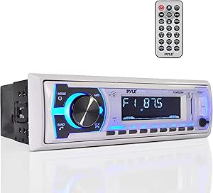 Pyle Marine Bluetooth Stereo Radio - 12v Single DIN Style Boat In dash Radio Receiver System with Built-in Mic, Digital LCD, RCA, MP3, USB, SD, AM FM Radio, Remote Control, White - PLMRB29W