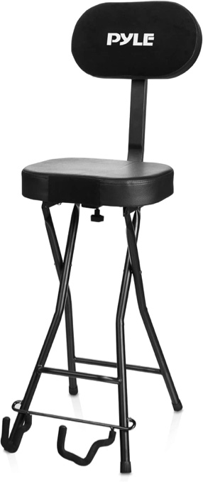 Pyle Adjustable Guitar Seat with Built-In Stand, EVA Foam Padded Cradles, Removable Backrest, Non-Slip Rubber Feet, Collapsible Design – Fits Acoustic, Electric & Bass Guitars – 300 lbs Capacity.