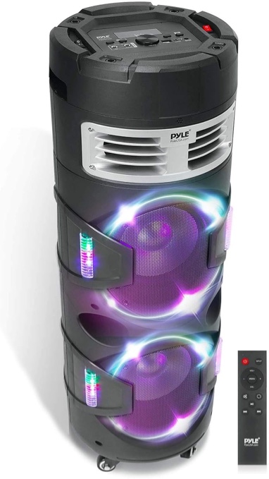 Pyle Portable Bluetooth PA Speaker System - 1200W Outdoor Bluetooth Speaker Portable PA System w/TWS Function, Microphone in, Flashing DJ Party Lights, USB Reader, FM Radio - PBMSPG82.5