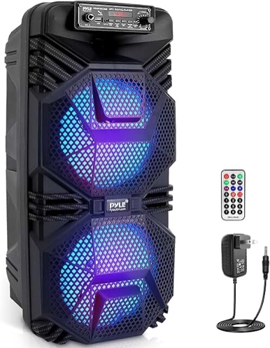 Pyle Bluetooth PA Speaker System - 600W Rechargeable Outdoor Bluetooth Speaker Portable PA System w/ Dual 8” Subwoofer 1” Tweeter, Microphone In, Party Lights, USB, Radio, Remote - Pyle PPHP2836B