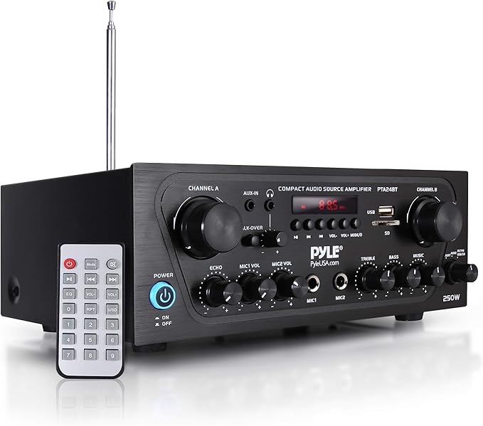 Pyle Upgraded Karaoke Bluetooth Amplifier - 2018 Wireless Stereo Receiver, 2 Channel Home Audio Sound Power Amplifier w/AUX in, USB, 2 Microphone Input w/Echo, Talkover for PA - PTA24BT