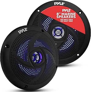 Dual 8 Marine Speakers - 2 Way Full Range Stereo Sound 160 Watt Black - LED Light: Blue Illumination Water-Resistant Design - Pyle PLMRS83BL