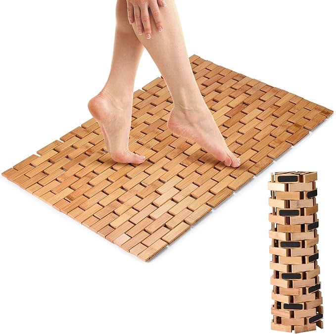 Bamodi Bathroom Bamboo Floor Mat - Wooden Bath Mat - Natural Wood Accessories for Spa, Bathtub, Kitchen, Pool, Beach Area - Stylish and Practical Interlocking Design - Mats for In