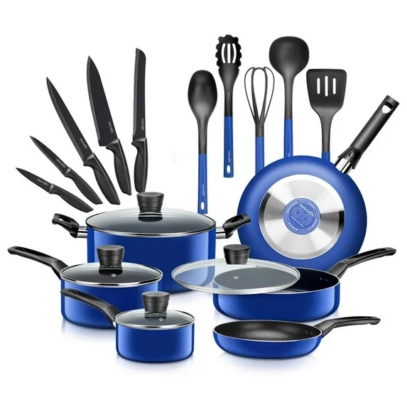 SereneLife Classic 20 Piece Nonstick Pressed Aluminum Metal Cookware Set  Solid Italian Bakelite