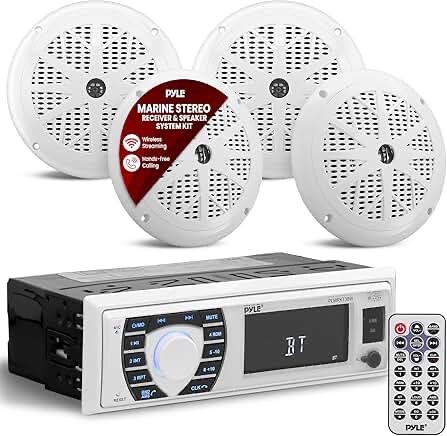 Pyle Marine Radio Receiver Speaker Set 12v Single Din Style Bluetooth Waterproof Digital Boat White