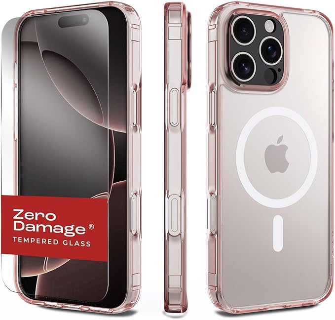 Sahara Classic iPhone 16 Pro Max Case Clear with Screen Protector - Fits Apple Magsafe Accessories, Cute and Girly, Heavy Duty Protective Cover, Thin, Slim, Loved by Women and Girls, Clear Rose Gold