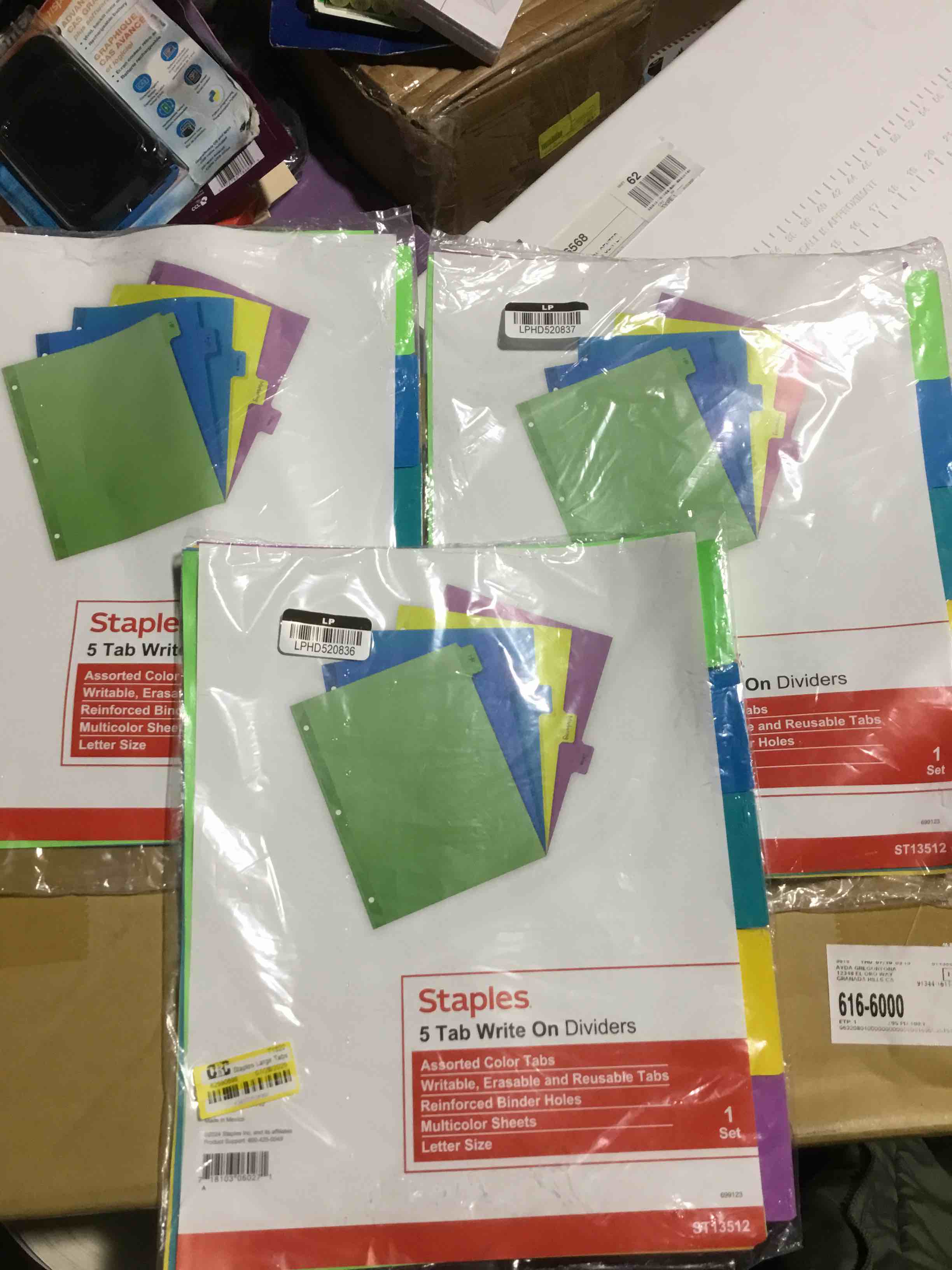 Pack of 3 Staples 486272 Large Tabs Write & Erase Paper Dividers 5-Tab Multicolor