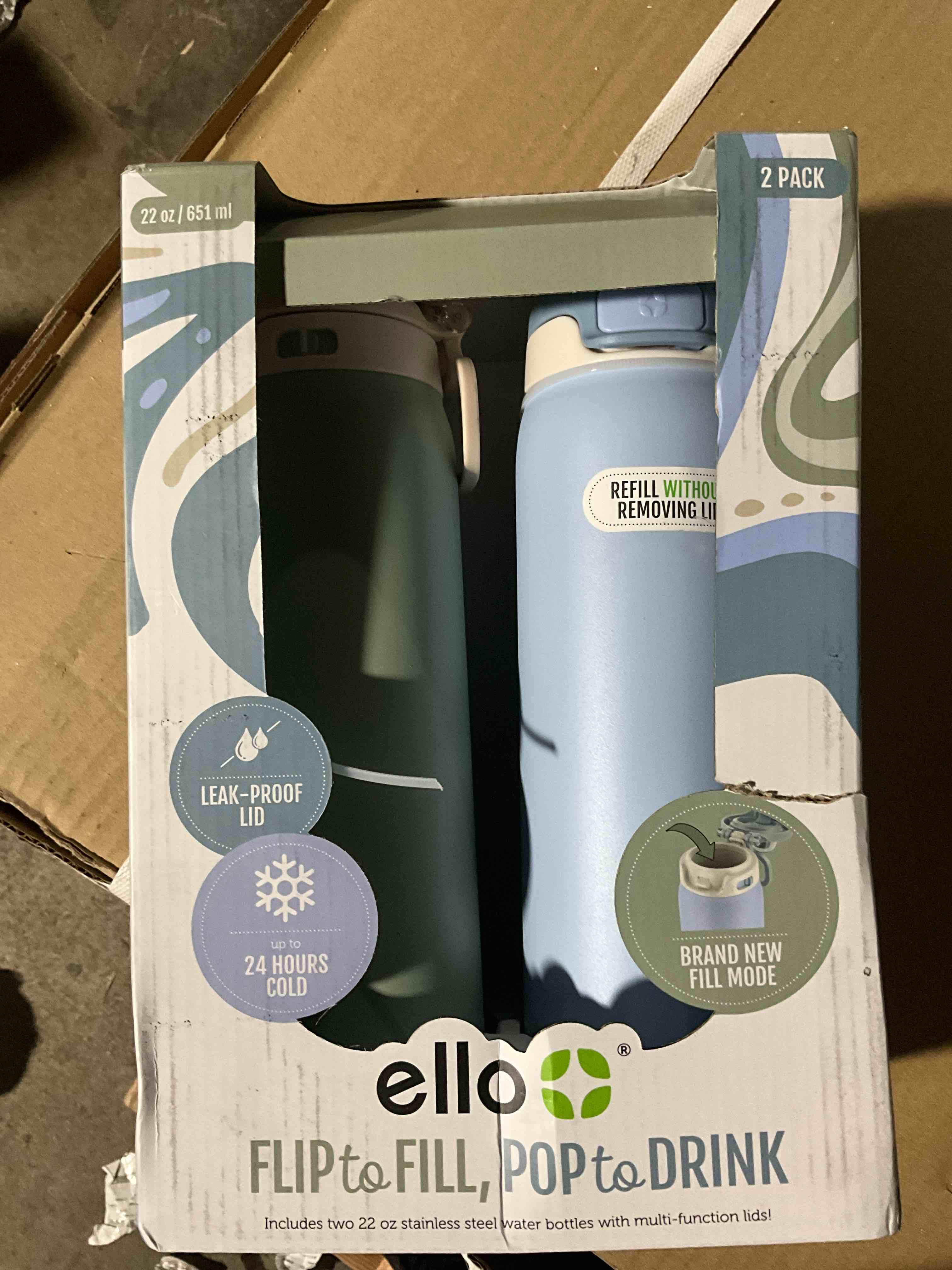 Condition photo showing As Is for Ello Flip to Fill, Pop to Drink Stainless Steel Water Bottle with Leak-Proof Locking Lid, 22 oz β Reusable Insulated Travel Bottle, Color: Pistachio/Blue Dream