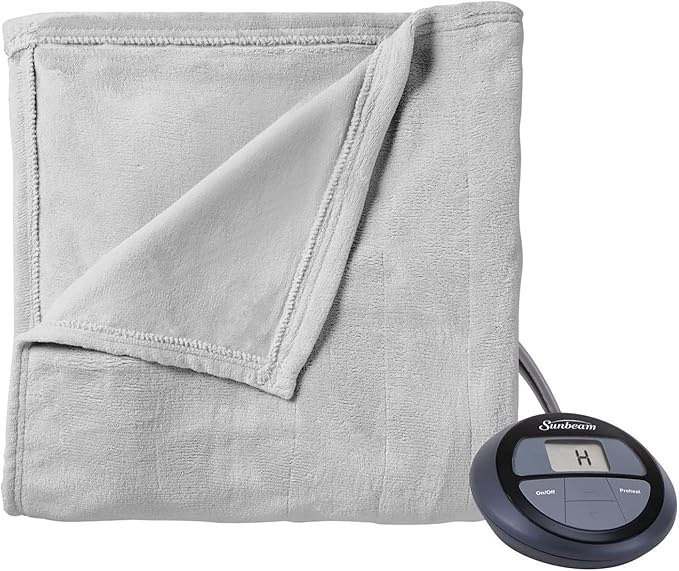 Sunbeam Microplush Soft Queen Electric Heated Blanket with Two Digital Controllers, 10 Heat Settings 10 Hours Auto-Off, Silver Grey