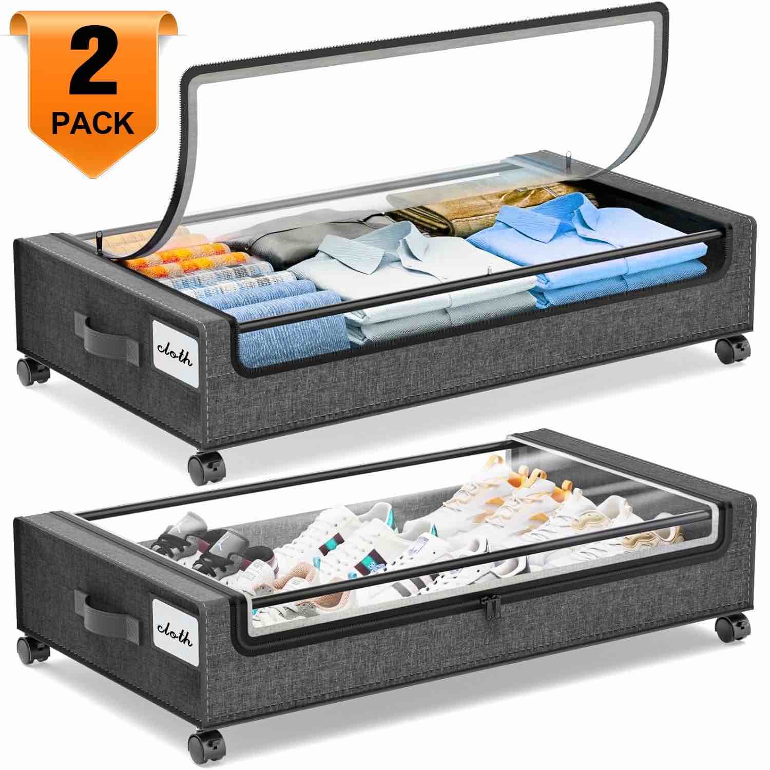 FOUKUS Under Bed Storage with Wheels:2 Pack Under the Bed Storage Bins, Collapsible Under Bed Storage Bags for Clothes, Sheets,Shoes,Linen-like Grey