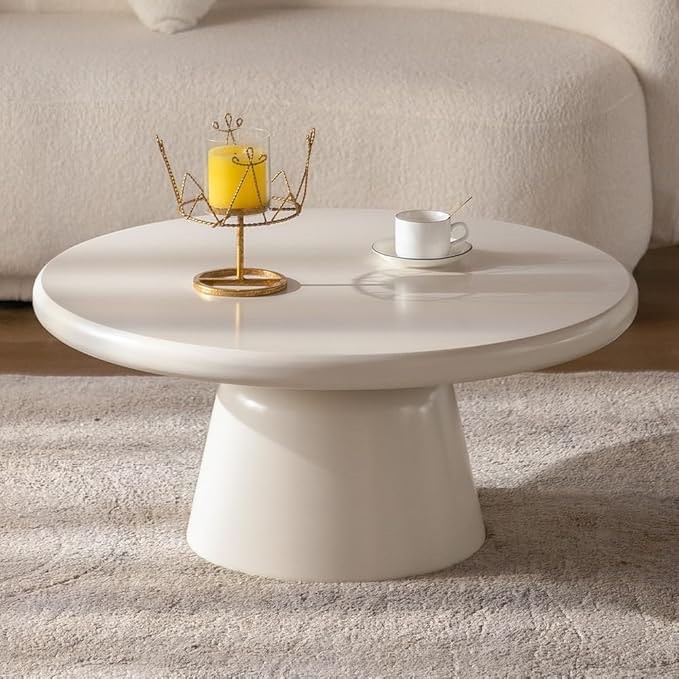White Round Coffee Table for Living Room, Modern Cream Round Coffee Table Circular Circle Pedestal Coffee Tables Unique Center Table for Farmhouse Outdoor Patio (B)