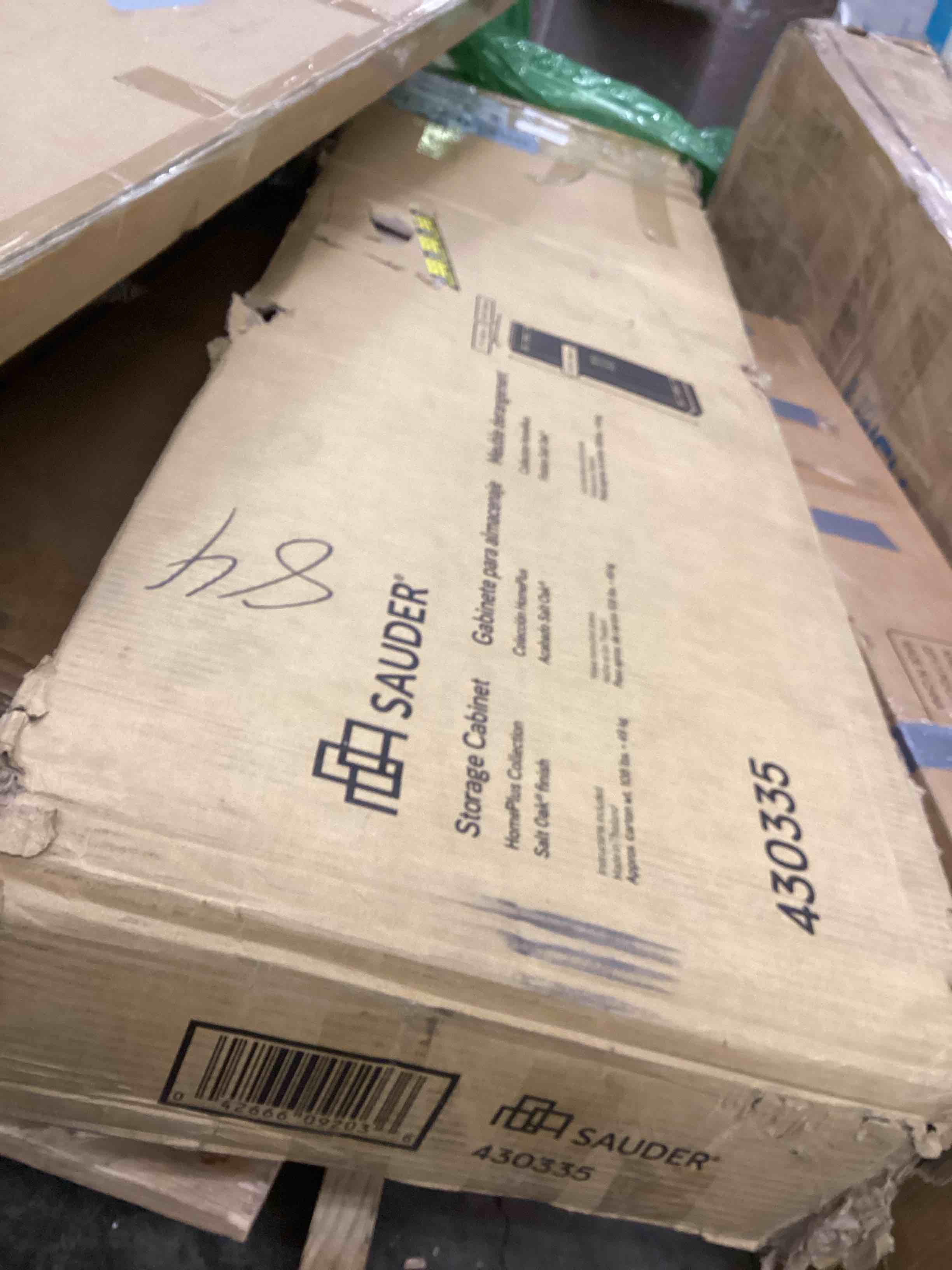 Condition photo showing As Is for Sauder HomePlus 2-Door Farmhouse Storage Cabinet/Pantry cabinets, Salt Oak Finish