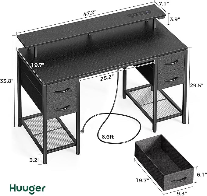 Huuger 47 inch Computer Desk with 4 Drawers, Gaming Desk with LED Lights & Power Outlets, Home Office Desk with Large Storage Space for Bedroom, Work from Home, Black