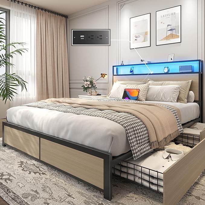 Lifezone Queen Bed Frame with 2-Tier Storage Headboard, Metal Platform Bed Frame with 4 Storage Drawers, Built in Charging Station & LED, Noise-Free/Metal Support/No Box Spring Needed, Beige