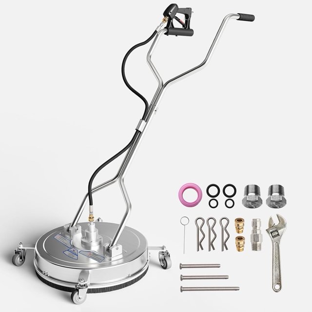 20" pressure washer surface cleaner with 4 wheels,dual handle,stainless steel housing, 4 replacement nozzle cores and 2 hose adapters,ideal for driveways, sidewalks,patios,decks cleaning