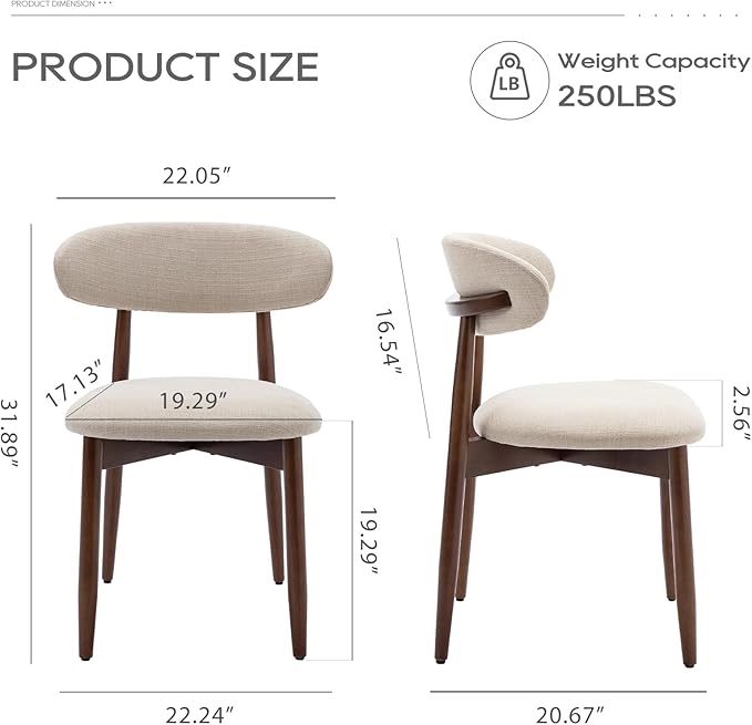 colamy wooden dining chairs set of 2, modern fabric upholstered kitchen side chairs, farmhouse dining room chair with foot pegs, beige