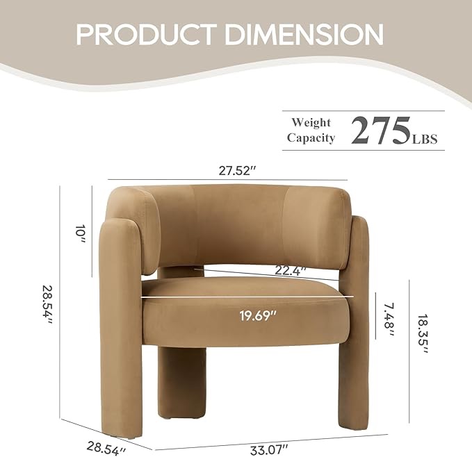 colamy modern velvet accent chair, upholstered barrel chair, comfy side arm chair with 3 legs for living room, bedroom, reading, khaki