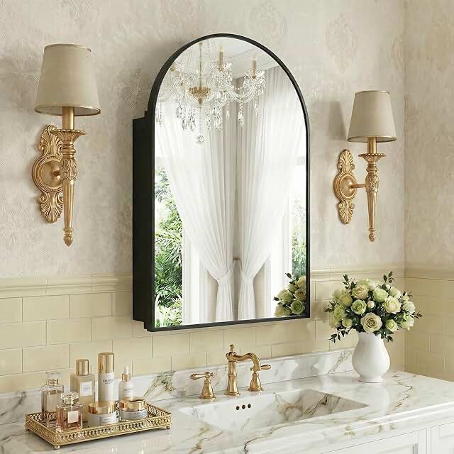 24 in. W x 36 in. H Arched Black Recessed/Surface Mount Medicine Cabinet with Mirror