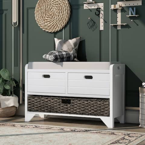 White Entryway Bench with Removable Basket and 2 Drawers
