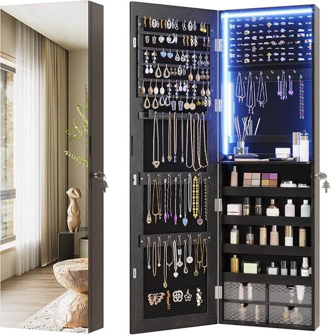 vlsrka 47.2" led jewelry armoire organizer, wall/door mounted with full length mirror, large storage hanging cabinet, 4 drawers, 5 shelves, built-in lighted mirror (wood black)