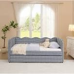 KEIKI Twin Size Upholstery Daybed with Trundle and USB, Twin to King Design Adorable Wave Shaped Extendable Linen Sofa Bed, Easy Assembly, No Box Spring Required, for Living Room and Bedroom, Navy, 2 boxes to pick up 