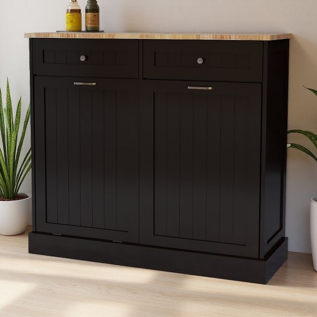 Two-Drawer Tilt-Out Trash Cabinet with Dual Compartments and Freestanding Design