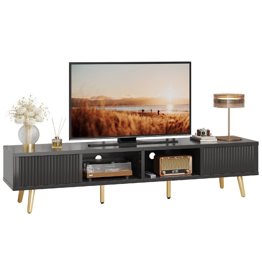 Bestier - 71-inch TV Stand with Sliding Fluted Doors and Adjustable Shelves, Modern Solid Wood Legs for Living Rooms - Black 