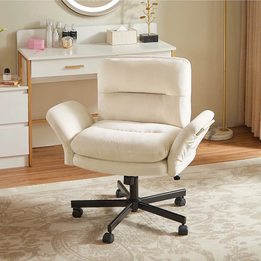bestier - ergonomic cross-legged office chair with flip-up arms, swivel wheels & adjustable backrest for computer office desk - off white suede